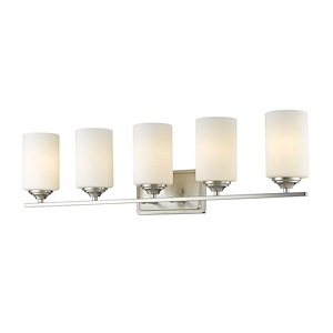 5 Light Steel Vanity Light Fixture with Cylinder Matte Opal Glass-8.5 Inches H by 30.75 Inches W - 1259274