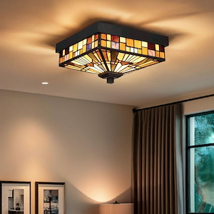 Geometric Checkered Tiffany 2-Light Flush Mount Light with Handcrafted Art Glass Shades 11 inches W x 6 inches H - 1245842