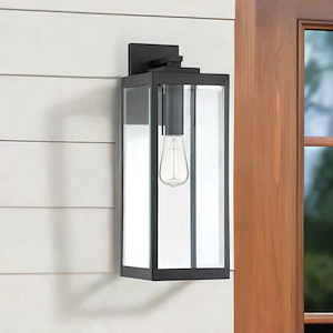 Outdoor Wall Lantern Light Fixture with Rectangular Framework in Black with Clear Beveled Glass Panels 7 inches W x 20 inches H - 1246471