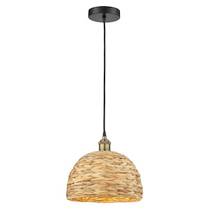 Woven Rattan - 1 Light Cord Hung Mini Pendant-10.75 Inch Tall and 12 Inch Wide - 1387788