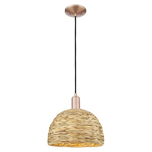 Woven Rattan - 1 Light Cord Hung Mini Pendant-11.58 Inch Tall and 12 Inch Wide - 1387983